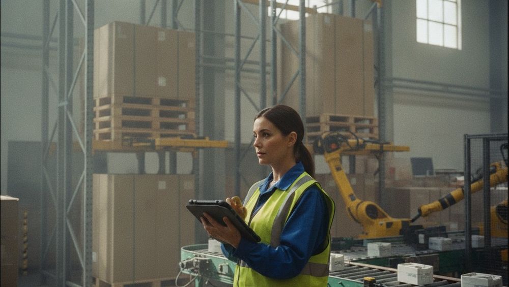Warehouse worker in safety vest using a tablet near conveyor belt and robotic arms among stacked boxes