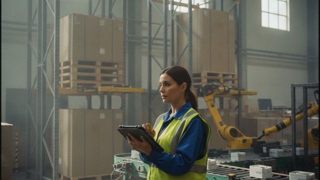 Warehouse worker in safety vest using a tablet near conveyor belt and robotic arms among stacked boxes