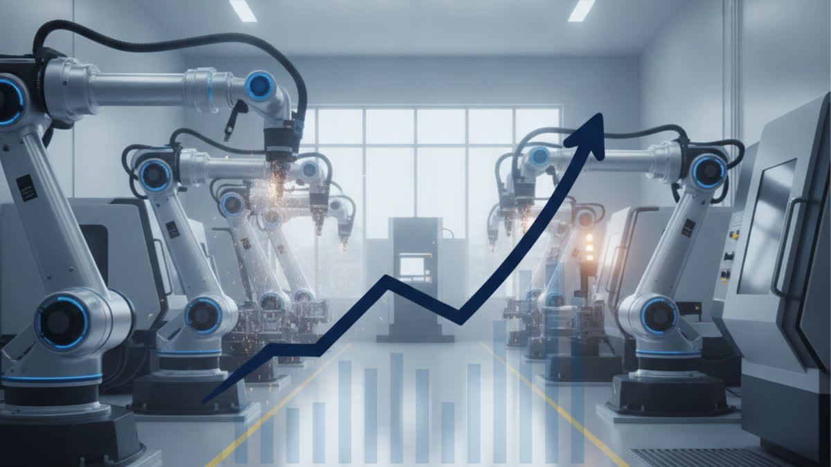 Robotic arms working in a factory with an overlaid upward arrow and bar chart indicating growth