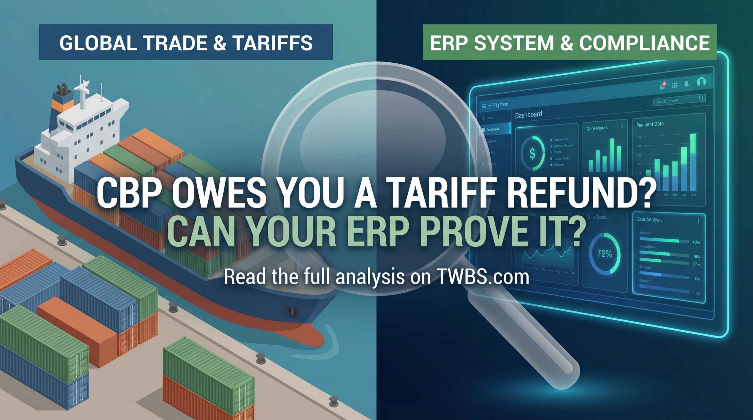 Split graphic of cargo ship with containers and ERP dashboard, text asking if ERP can prove CBP tariff refund
