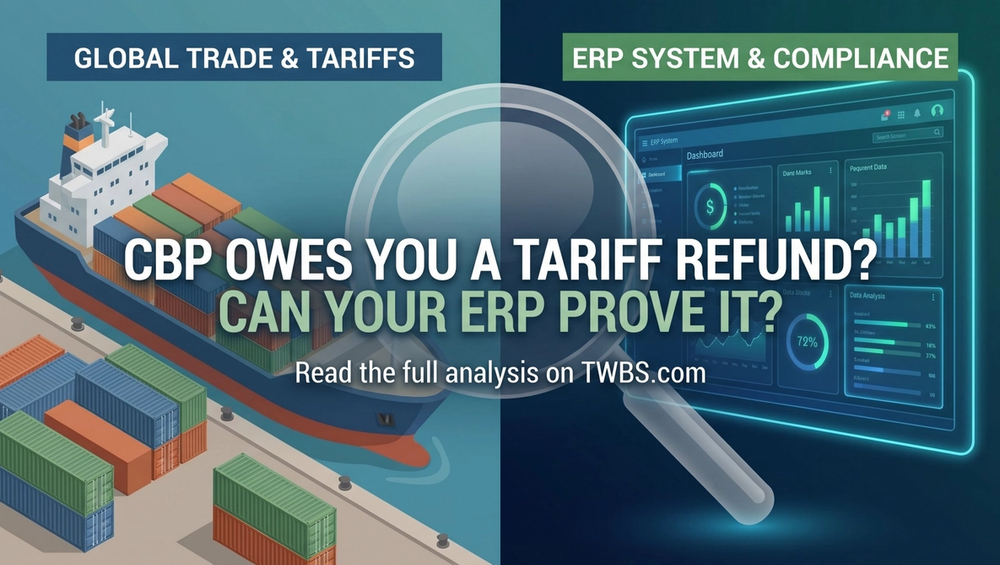 Split graphic of cargo ship with containers and ERP dashboard, text asking if ERP can prove CBP tariff refund