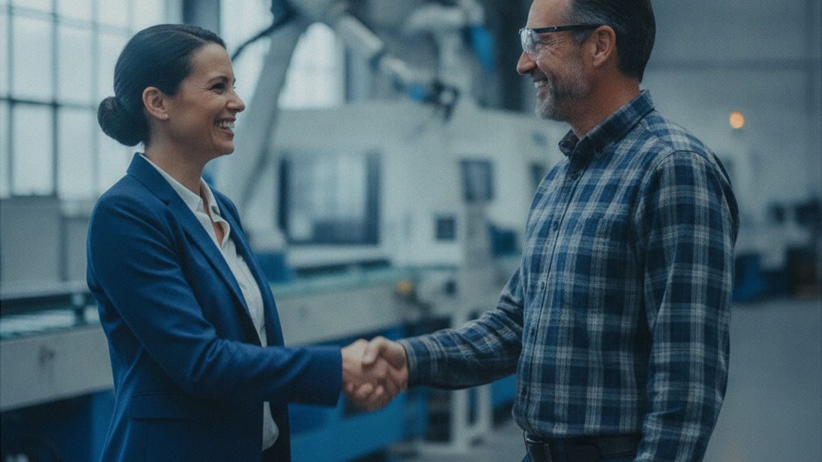 SAP Business One consultant and a manufacturing client shaking hands and smiling on the factory floor after a successful implementation