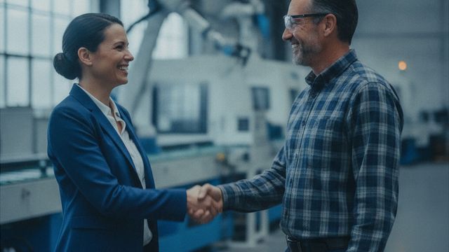 SAP Business One consultant and a manufacturing client shaking hands and smiling on the factory floor after a successful implementation