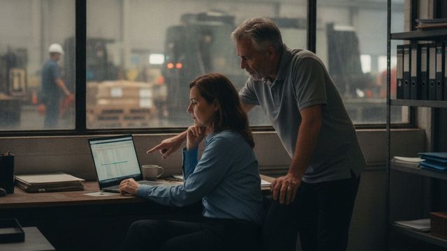 Two colleagues review a spreadsheet on a laptop in an industrial office overlooking a warehouse.