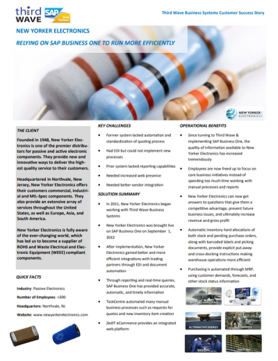 Business case study flyer for New Yorker Electronics highlighting SAP Business One benefits and key challenges