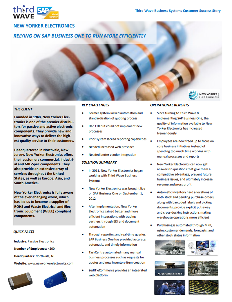 Business case study flyer for New Yorker Electronics highlighting SAP Business One benefits and key challenges