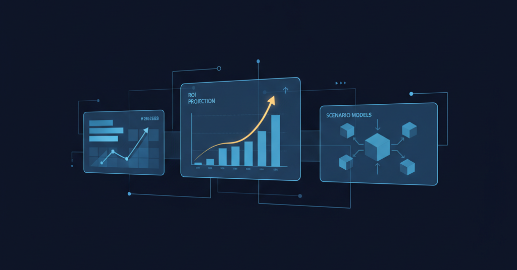 Abstract financial dashboard with ROI projection charts and scenario models representing a CFO building an ERP investment business case