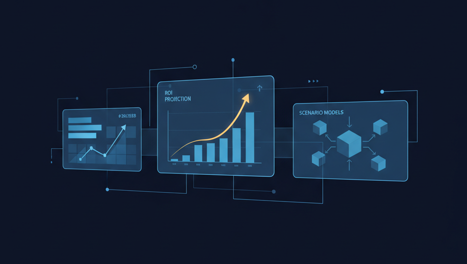 Abstract financial dashboard with ROI projection charts and scenario models representing a CFO building an ERP investment business case