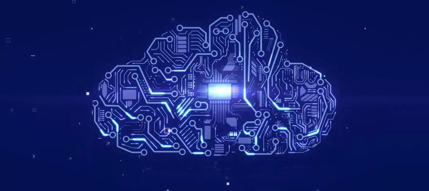 Glowing blue cloud icon made of electronic circuits on a dark blue digital background