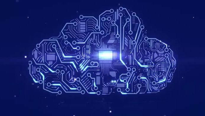Glowing blue cloud icon made of electronic circuits on a dark blue digital background