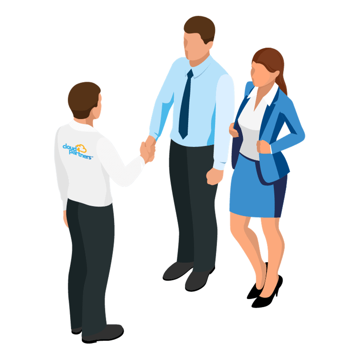 Businessman in logo shirt shakes hands with another man while a woman in a blue suit stands beside them