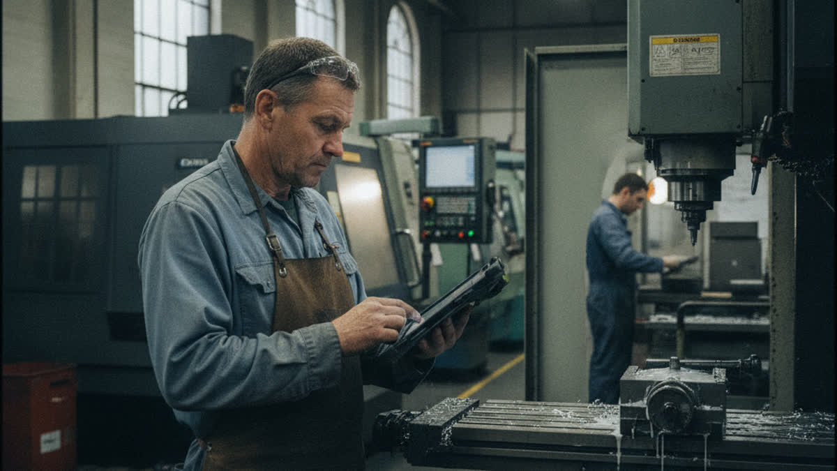 Factory worker in apron using a tablet beside a milling machine, with another machinist working in the background