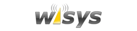 Wisys logo with stylized gray letters and a yellow triangular I emitting radio waves