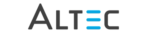 ALTEC logo with black letters A, L, C and blue horizontal bars forming the letter E on white background