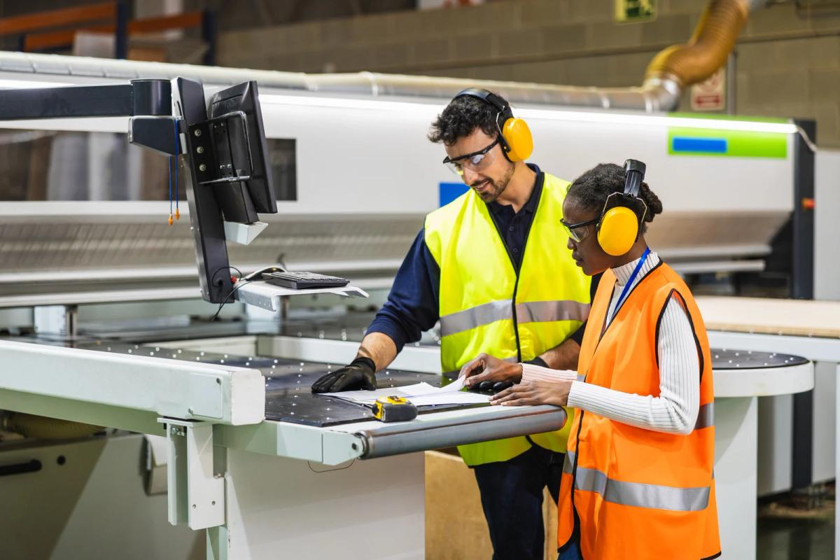 Two factory workers in safety gear review paperwork beside industrial machinery.
