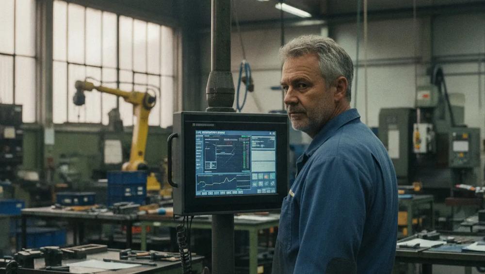 Factory worker in blue coveralls stands beside a control monitor in an industrial workshop.