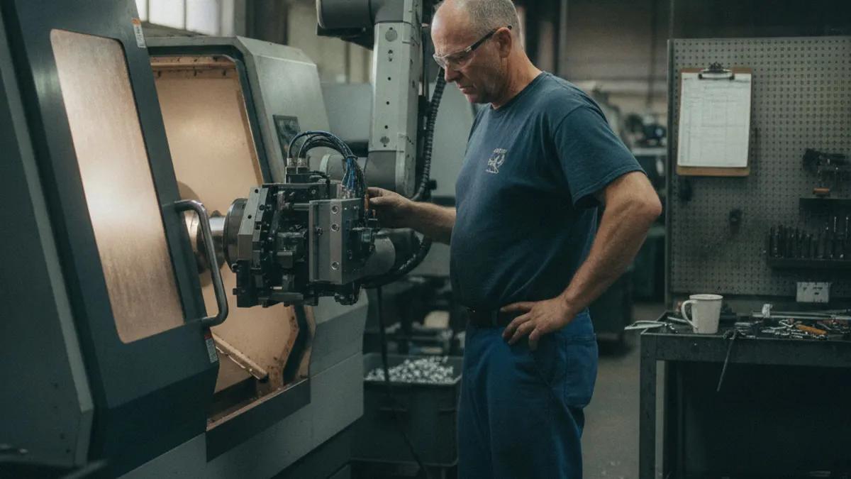 Machinist wearing safety glasses inspects an industrial CNC machine in a workshop.