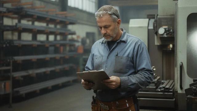 Machinist wearing safety glasses reviews a clipboard beside industrial equipment in a workshop.
