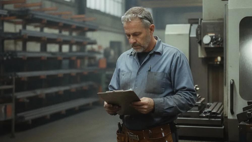 Machinist wearing safety glasses reviews a clipboard beside industrial equipment in a workshop.