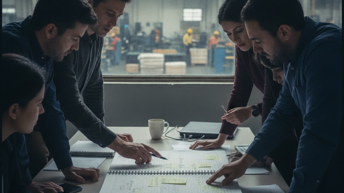 ERP implementation project team reviewing a project plan on a manufacturing floor