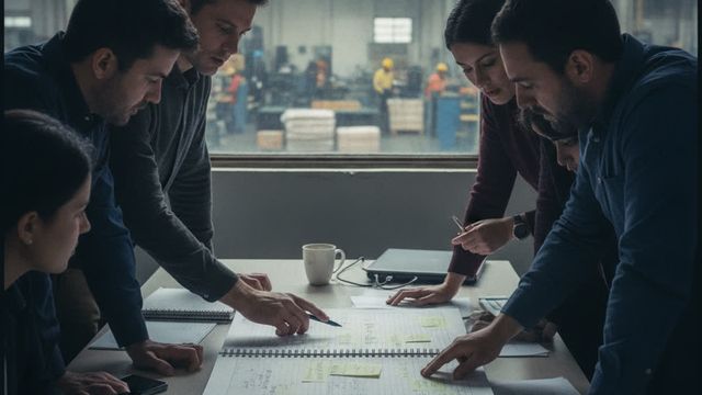 ERP implementation project team reviewing a project plan on a manufacturing floor