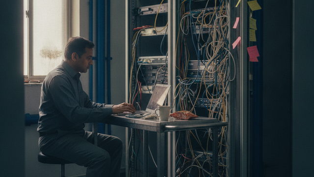 IT manager working in an on-site server room at a manufacturer