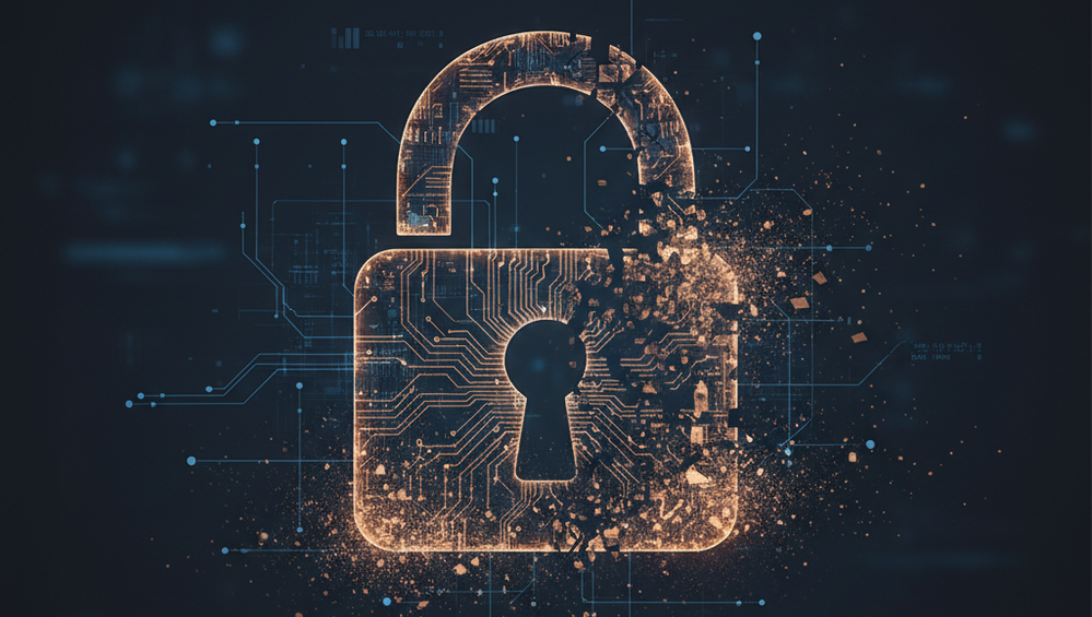 Glowing digital padlock disintegrating into particles over a dark circuit board background