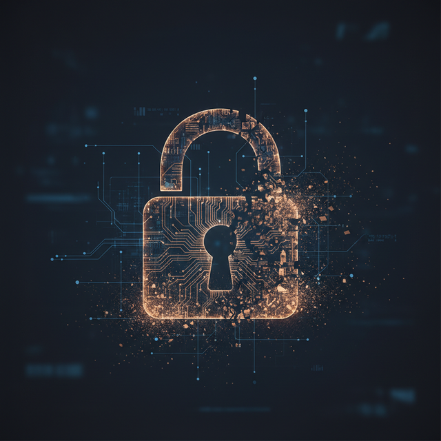 Glowing digital padlock disintegrating into particles over a dark circuit board background