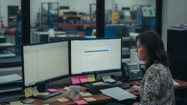 Woman working at a desk with dual monitors, paperwork, sticky notes, and a phone in an office overlooking a workshop