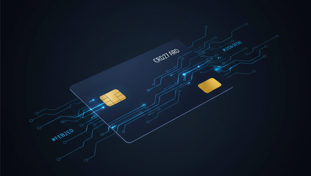 A credit card with abstract financial data flow lines representing payment processing
