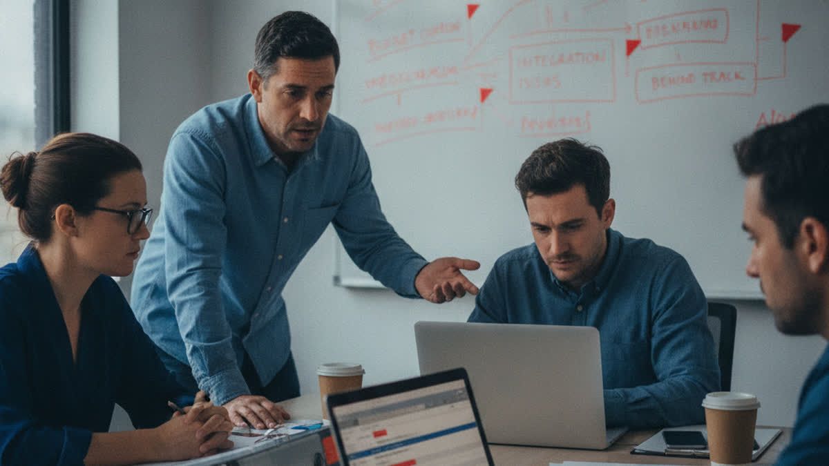Manufacturing team reviewing a stalled ERP project on a whiteboard
