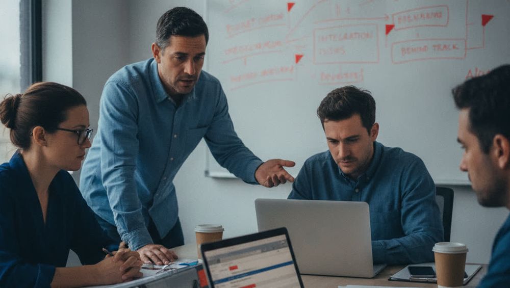 Manufacturing team reviewing a stalled ERP project on a whiteboard