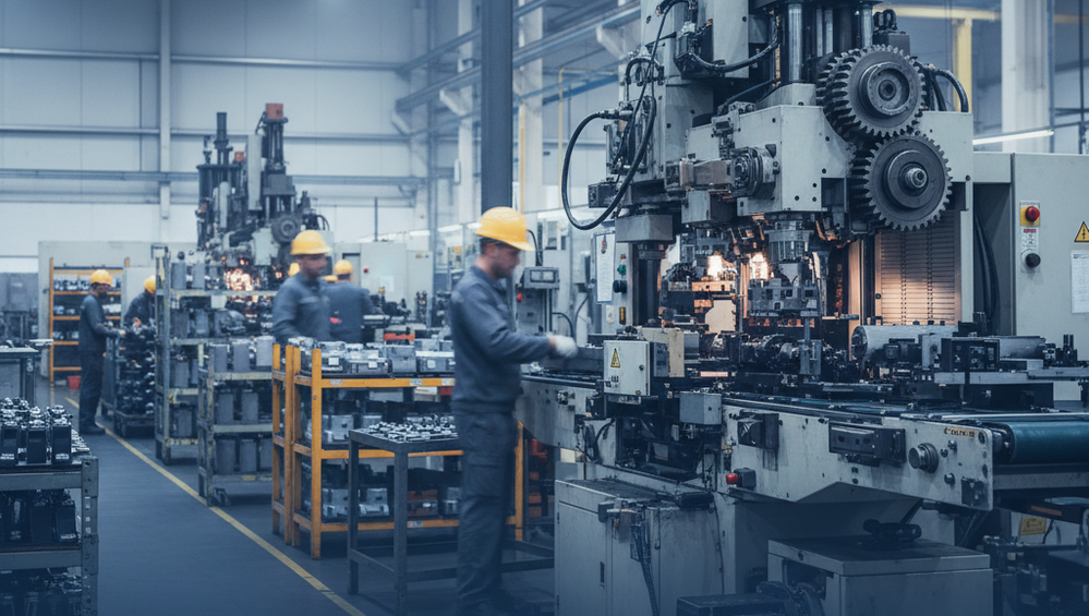 Factory workers in hard hats operate large industrial machines on an assembly line