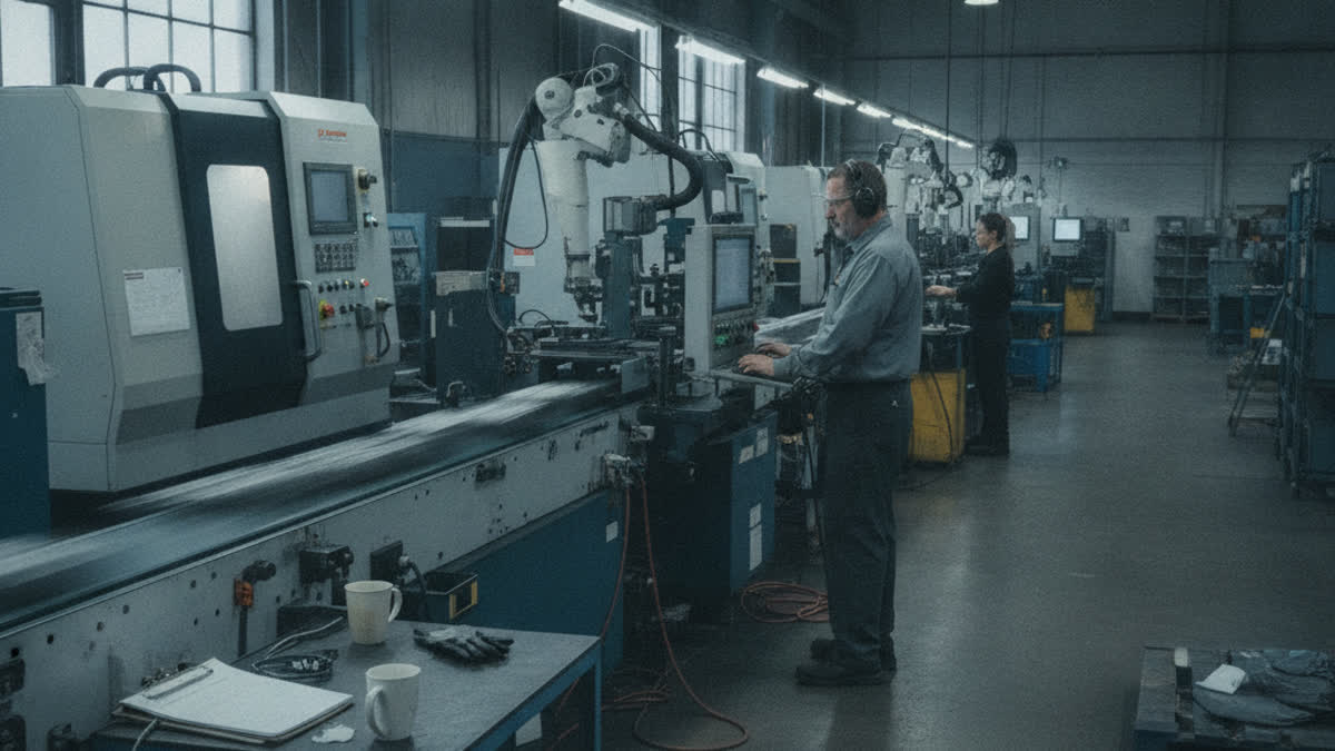 Nearly automated manufacturing line running at full output with only one worker on the floor