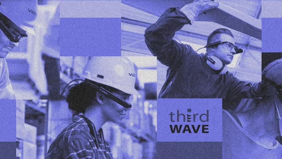 Workers in helmets and masks use Vuzix smart glasses, with the logos Vuzix and Third Wave overlaid