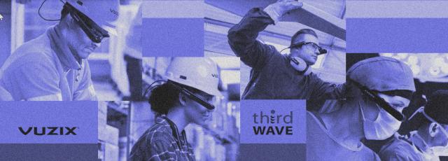 Workers in helmets and masks use Vuzix smart glasses, with the logos Vuzix and Third Wave overlaid