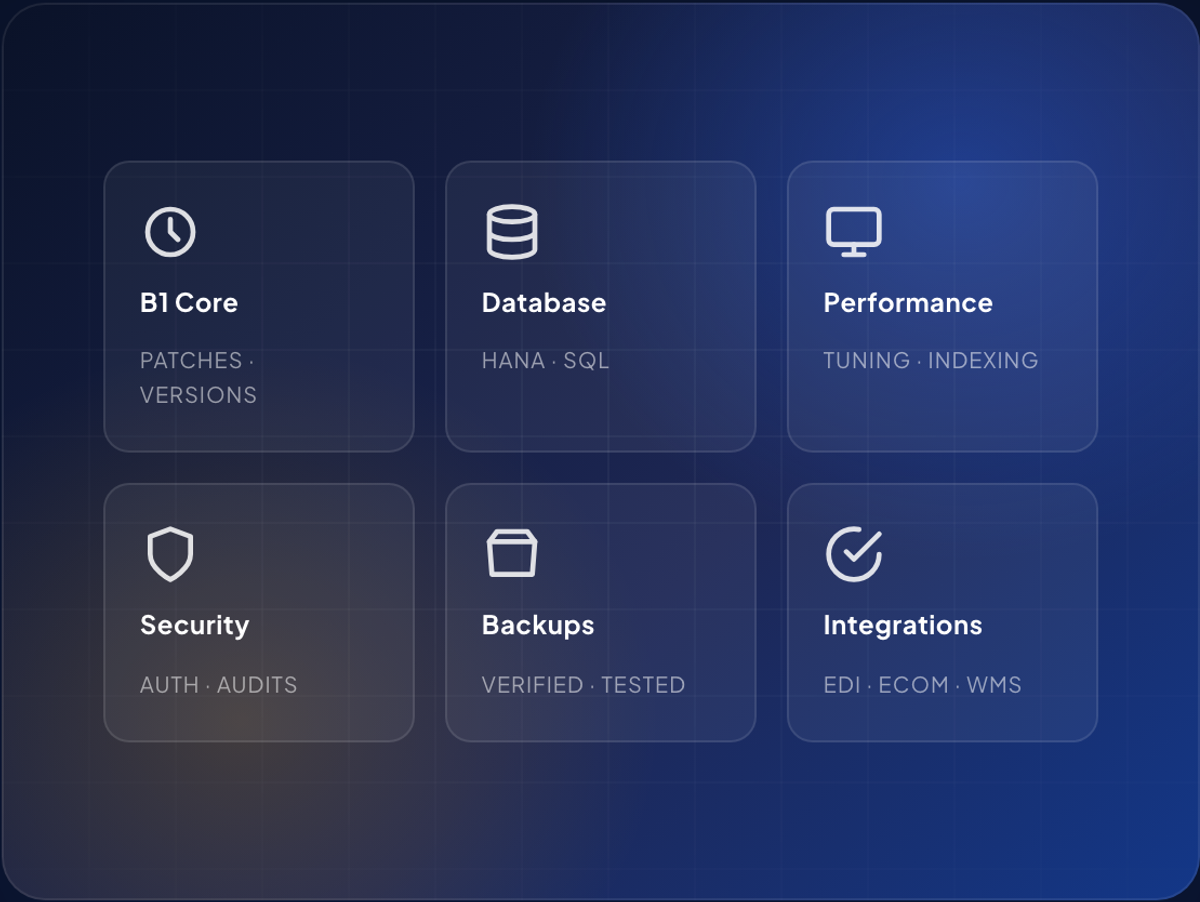 Grid of six IT service tiles labeled B1 Core, Database, Performance, Security, Backups, and Integrations on blue background
