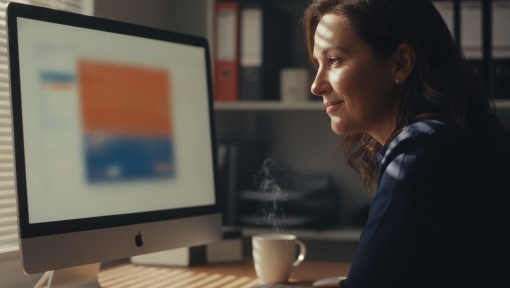 Woman smiling at a desktop computer in a sunlit office with a steaming coffee mug beside her