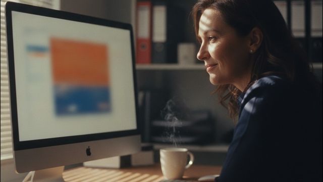 Woman smiling at a desktop computer in a sunlit office with a steaming coffee mug beside her