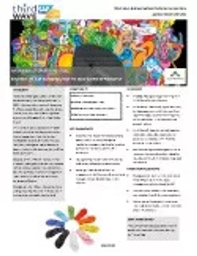 Colorful brochure page with abstract artwork at top, text columns, and a fan of multicolored paint swatches at bottom