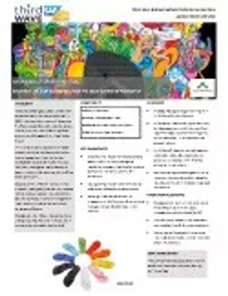 Colorful brochure page with abstract artwork at top, text columns, and a fan of multicolored paint swatches at bottom