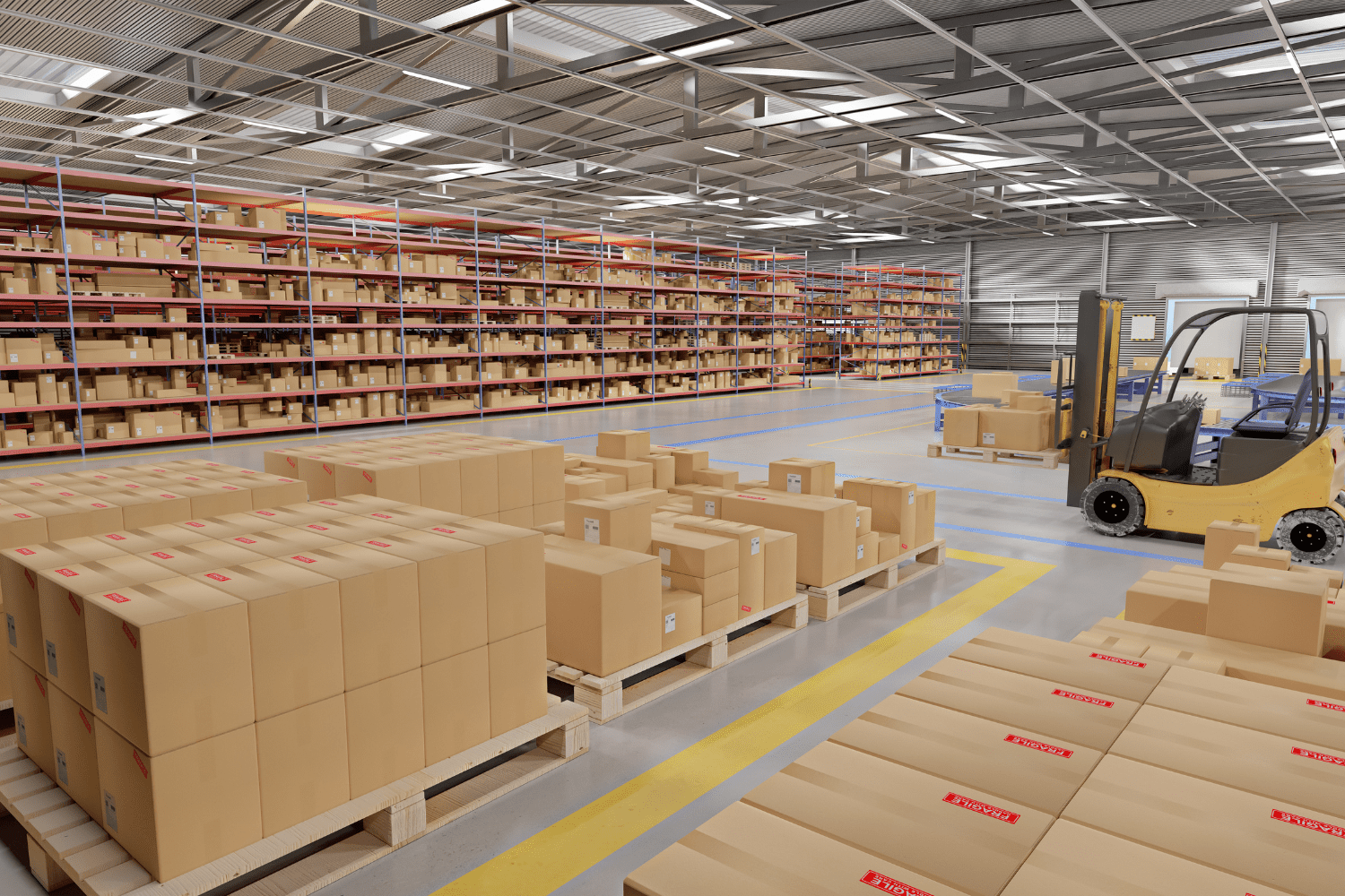 Large warehouse with shelves and pallets stacked with cardboard boxes, and a yellow forklift on the right