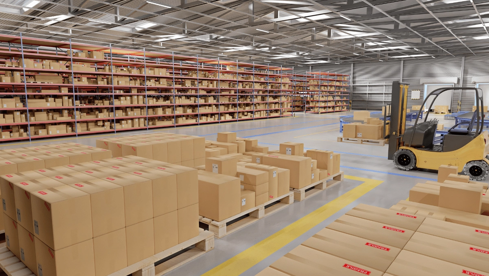 Large warehouse with shelves and pallets stacked with cardboard boxes, and a yellow forklift on the right