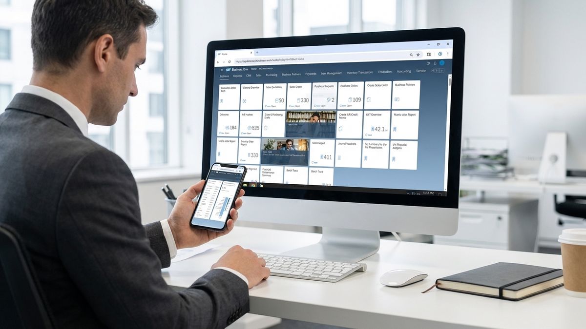 Businessman at desk using smartphone and large desktop monitor displaying a dashboard interface