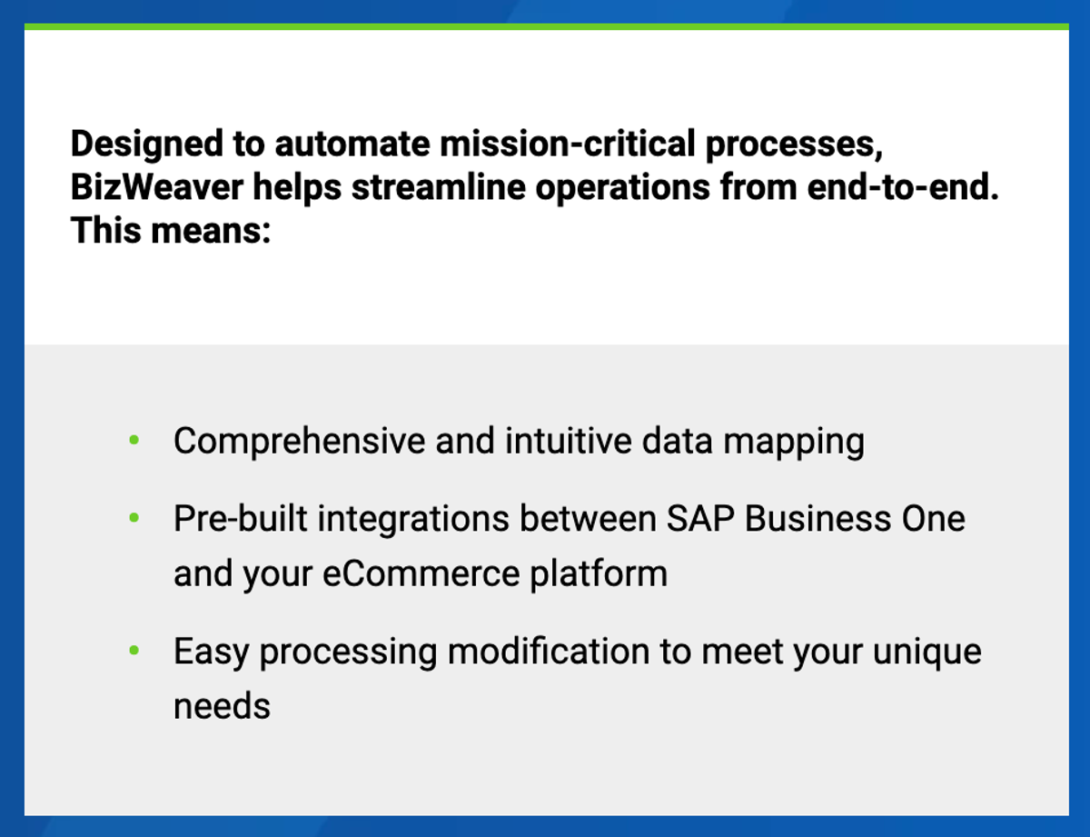 BizWeaver benefits list highlighting data mapping, SAP Business One eCommerce integrations, and easy process modification