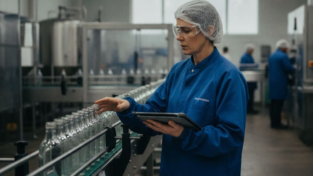 Factory worker in blue coat inspects glass bottles on conveyor while holding a tablet