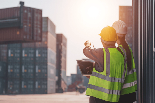 Two workers in safety vests and helmets inspect shipping containers at a sunlit freight yard