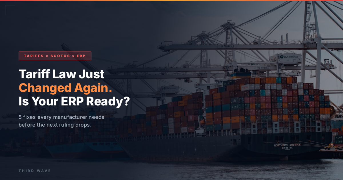 Container ship at a busy port with cranes, overlaid text about changing tariff law and ERP readiness