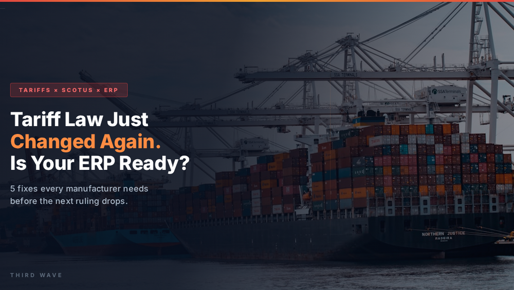 Container ship at a busy port with cranes, overlaid text about changing tariff law and ERP readiness