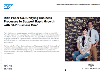 Two people from Rifle Paper Co. pose in front of a patterned backdrop on an SAP case study page